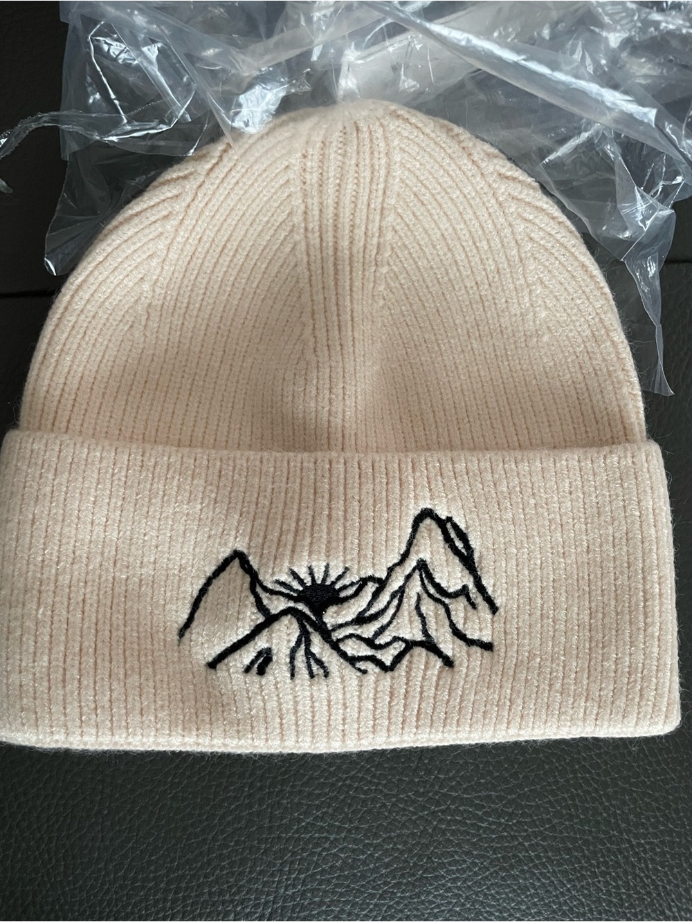 Cream Beanie Hat with Mountain Embroidery
